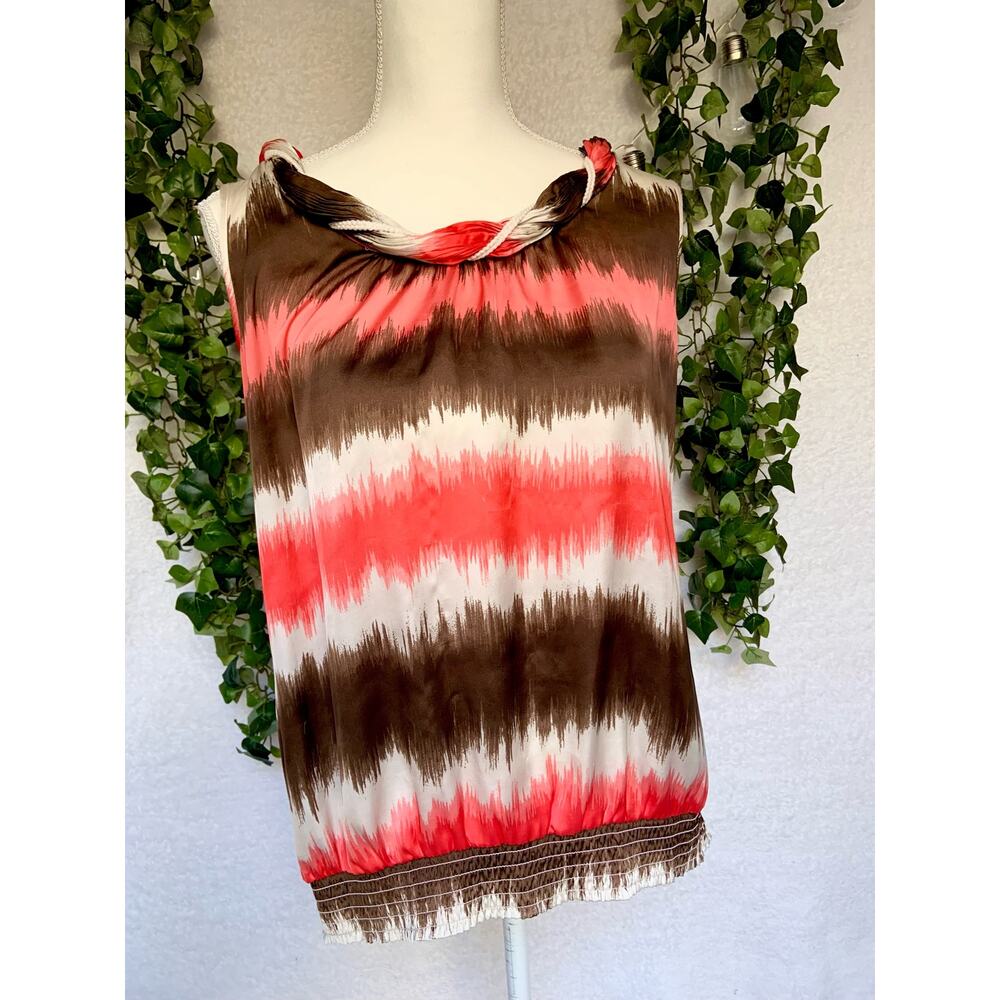 Signature by Larry Levine Red Brown Cream Women's Blouse Size Large